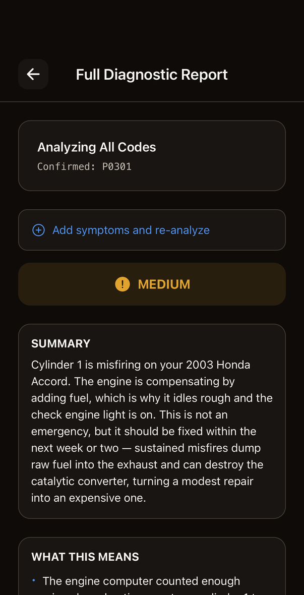 Full diagnostic report for code P0301, a cylinder 1 misfire, with severity, summary and recommended next steps